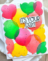 Handmade greeting card with balloons on it and it's your day sentiment on it.