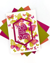 Handmade greeting card with balloons on it and best day ever sentiment on it.