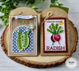 Two handmade greeting cards with vegetables on each and peas and radish sentiment on each.