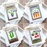 Four handmade greeting cards with various vegetables on each and different sentiments on each.