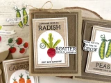 Handmade greeting tag with radish on it and scatter seeds of kindness sentiment on it.