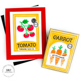 Handmade greeting card and tag with various vegetables on each and sentiments.
