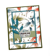 Handmade greeting card with leaves on it and thinking of you sentiment on it.