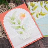 Handmade greeting card with leaves on it and a butterfly with thinking of you sentiment on it.