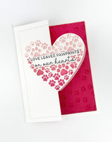 Handmade greeting card with heart on it and pawprints with love leaves pawprints on our hearts sentiment on it.