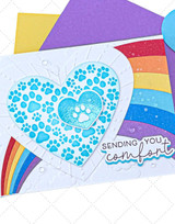 Handmade greeting card with hearts on it and sending you comfort sentiment on it.
