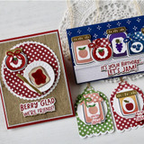 Two handmade greeting cards with jam on each and two tags with jam on each.