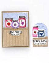Handmade greeting card and tag with jam jars on each and different sentiments on each.