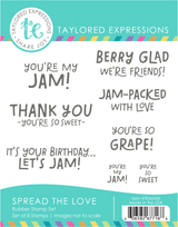 Graphic of Spread the Love red rubber stamp set that includes a set of 8 stamps for papercrafting.