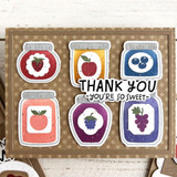 Handmade greeting card with jam on it and thank you, you're so sweet sentiment on it.