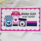 Handmade greeting card with jams on it and berry glad we're friends sentiment on it.