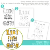 Graphic of Hoppy Hour Stamp & Stencil Combo which includes different types of beer for papercrafting.
