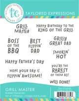 Graphic oof Grill Master Rubber Stamp Set that includes 10 sentiments for papercrafting.