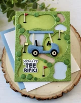 Handmade greeting card with golf cart on it and golf course with you're teerific sentiment on it.
