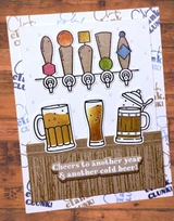 Handmade greeting card with beers on tap and cheers to another year & another cold beer sentiment on it.