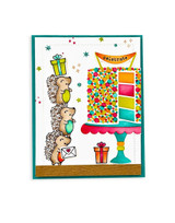 Handmade greeting card with hedgehogs and cake on it with celebrate sentiment on it.