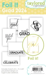 Graphic of Foil It - Grad 2026 which includes 2 each of 6 pre-printed designs for papercrafting.