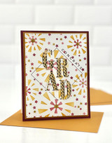 Handmade greeting card with Grad sentiment on it and sparkles.
