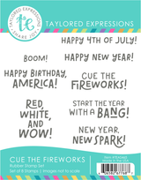 Graphic of Cue the Fireworks Stamp Set which includes sentiments on it for papercrafting.