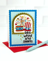 Handmade greeting card with firework on it and red, white and boom sentiment on it.