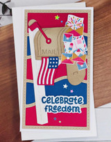 Handmade greeting card with mailbox on it and celebrate freedom sentiment on it.