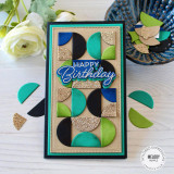 Handmade greeting card with quartered circles on it and happy birthday sentiment on it.