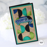 Handmade greeting card with circles on it and happy birthday sentiment on it.