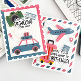 Two handmade greeting cards with travel themes on both and different travel sentiments on each.