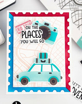 Handmade greeting card with car on it and oh the places you will go sentiment on it.