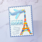 Handmade greeting card with airplane on it and let's go on an adventure sentiment on it.