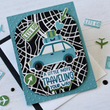 Handmade greeting card with car on it and map with a little note traveling your way sentiment on it.