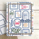 Handmade greeting card with summer beach themed items on it and hello sentiment on it.