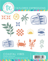 Graphic of Coastal Vibes Stamp Set which includes summer beach themed items on it for papercrafting.