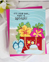 Handmade greeting card with beach themed items on it and it's your day... Make a splash sentiment on it.