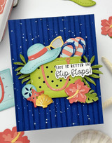 Handmade greeting card with beach bag on it and flip flops with life is better in flip flops sentiment on it.
