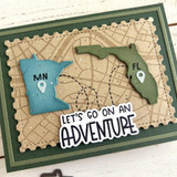 Handmade greeting card with Minnesota and Florida on it and let's go on an adventure sentiment on it.
