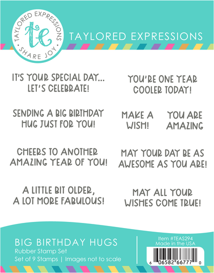 Graphic of Big Birthday Hugs Stamp Set that includes rubber stamps for papercrafting.