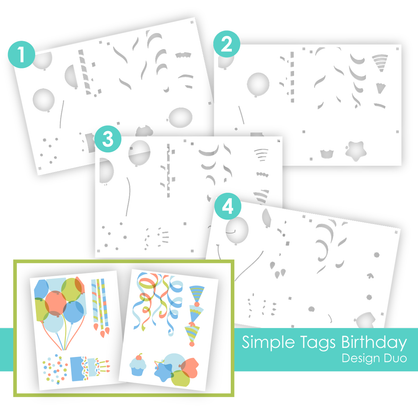 Graphic of Design Duos Layering Stencil - Simple Tags Birthday which includes designs for papercrafting.