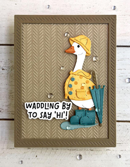 Handmade greeting card with goose on it and waddling by to say hi sentiment on it.