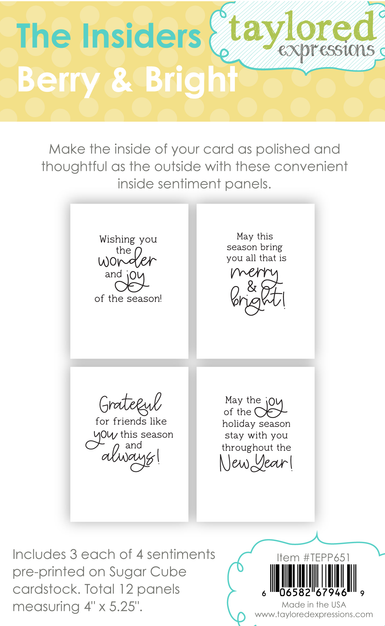 Graphic of The Insiders - Berry & Bright which includes 3 each of 4 sentiments on sugar cube cardstock used for papercrafting.
