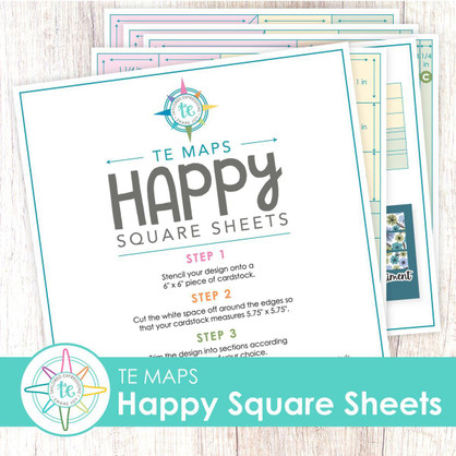 Graphic of TE Maps - Happy Square Sheets which includes steps for creating designs for papercrafting.