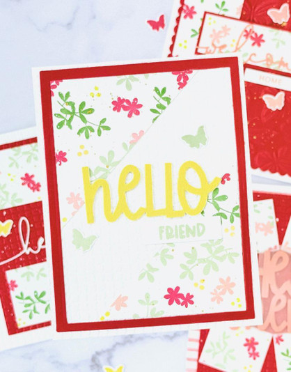 Handmade greeting card with flowers on it and hello friend sentiment on it.