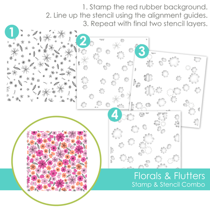 Graphic of Florals & Flutters Stamp & Stencil Combo which is used for papercrafting.