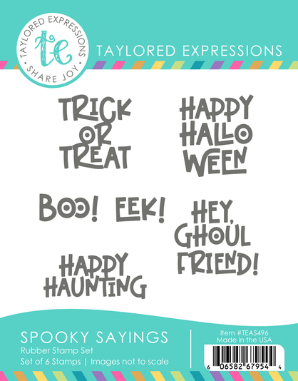 A graphic of Spooky Sayings Stamp Set which includes 6 rubber stamps for papercrafting.