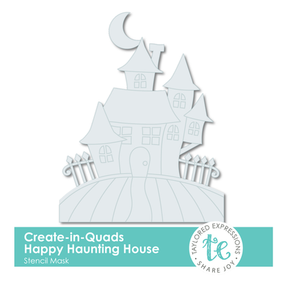 Graphic of Create-in-Quads Happy Haunting House Stencil Mask which is used for papercrafting.