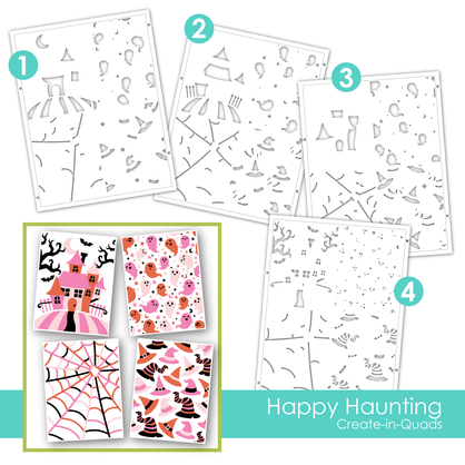 Graphic of Create-in-Quads Layering Stencil - Happy Haunting which includes various outlines for papercrafting.