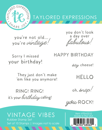 Graphic of Vintage Vibes Stamp Set which includes 10 stamps for papercrafting