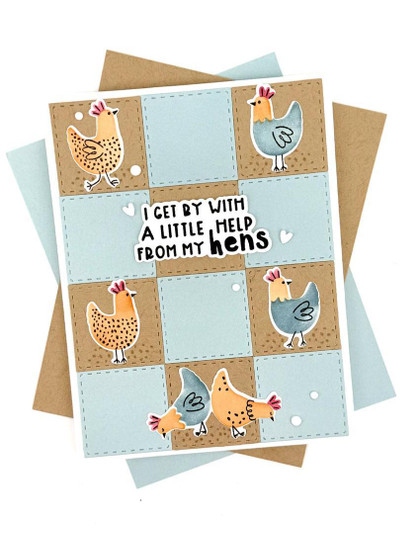 Handmade greeting card with hens on it and I get by with a little help from hens sentiment on it.