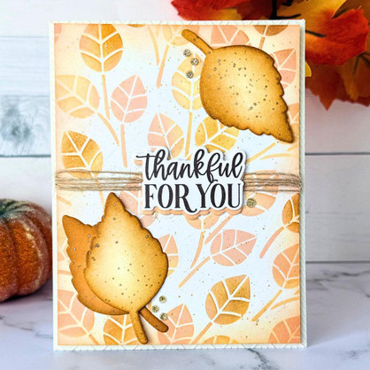 Handmade greeting card with leaves on it and thankful for you sentiment on it.
