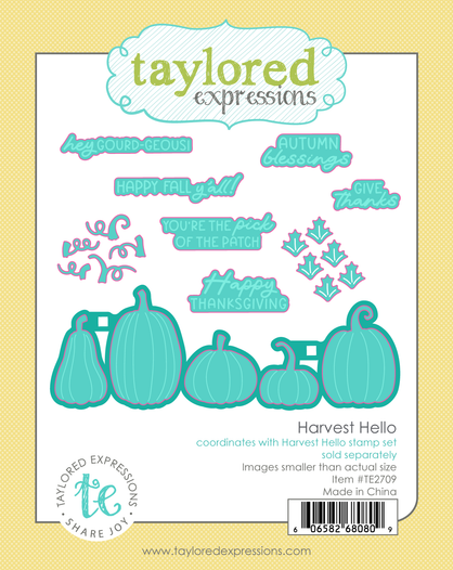 Graphic of Harvest Hello Dies which include sentiments and pumpkins for papercrafting.